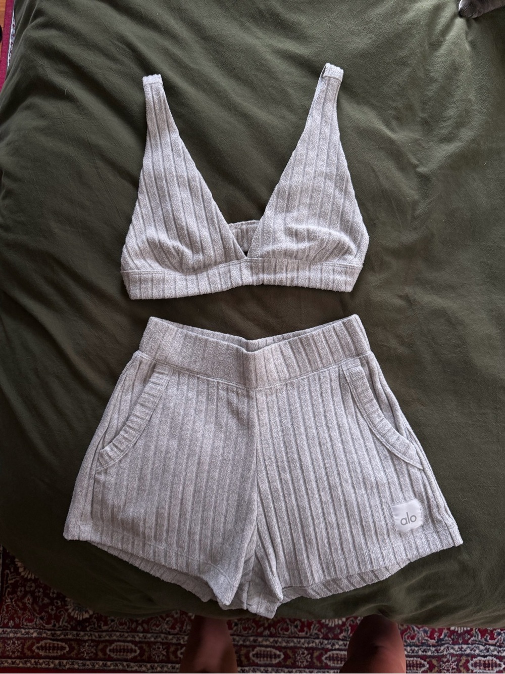 ALO Yoga Ribbed Knit Bralette & Shorts Set - Light Gray